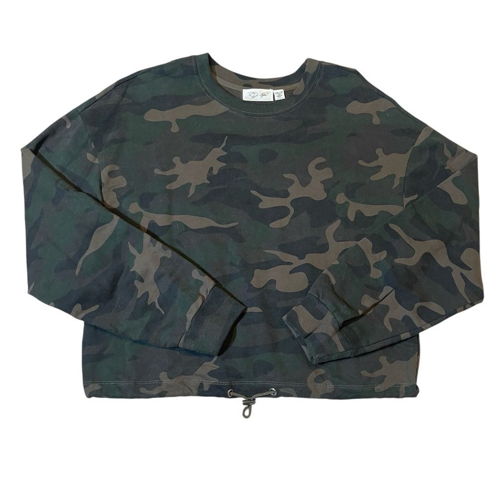 RD Style Green Camo Cropped Drawstring Hem Sweatshirt Size Medium